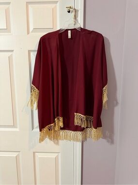 Womens Burgundy Fringe Kimono Cardigan